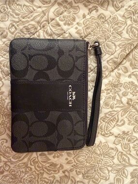 Coach Black Signature Zip Wristlet with Logo Patch